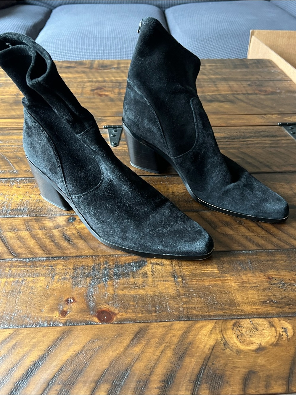 Women's Black Suede Pointed Ankle Boot with Block Heel